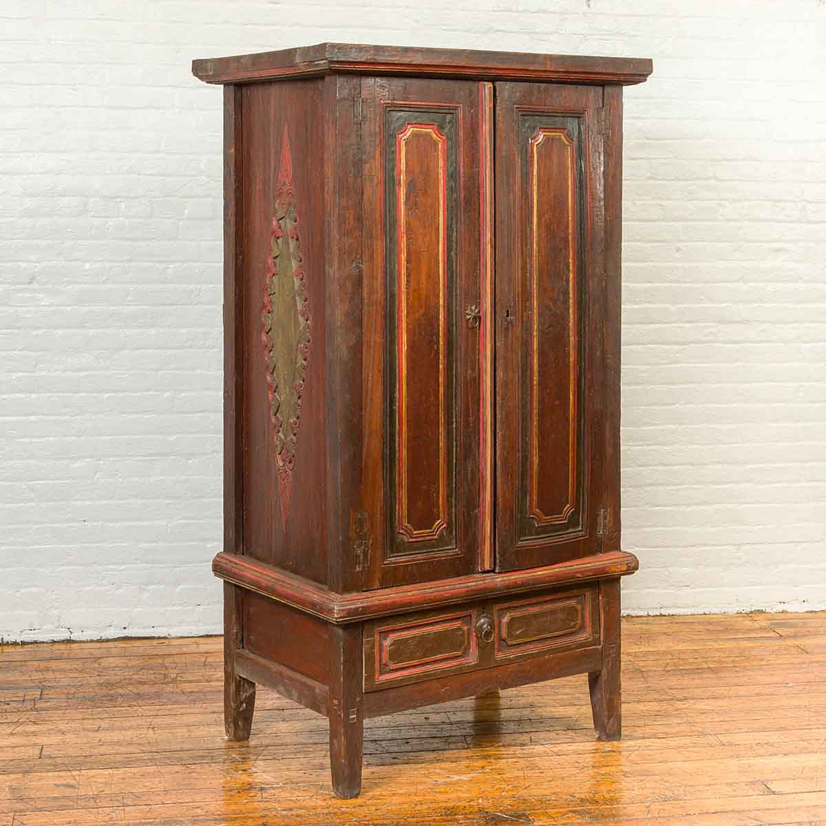 Dutch Colonial 19th Century Cabinet with Polychrome Finish and Carved Sides-2. Asian & Chinese Furniture, Art, Antiques, Vintage Home Décor for sale at FEA Home
