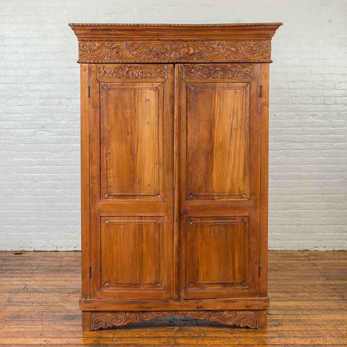 Indian 19th Century Tall Cabinet with Carved Scrolling Foliage and Beaded Motifs-2. Asian & Chinese Furniture, Art, Antiques, Vintage Home Décor for sale at FEA Home