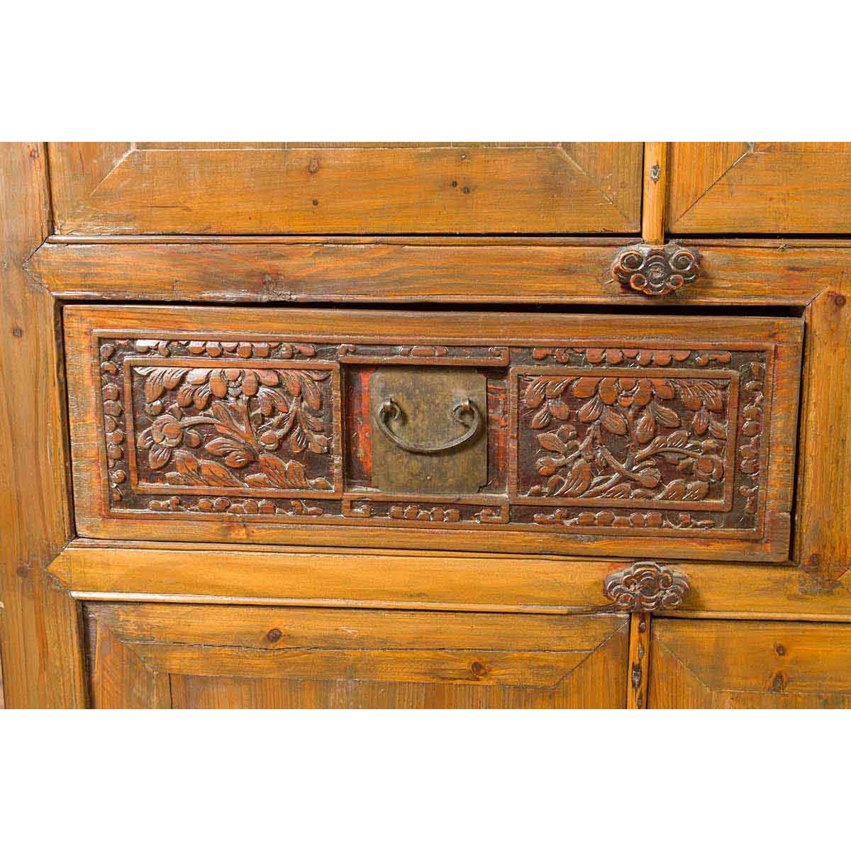 Large Chinese Qing Elm Armoire with Carved Motifs and Red Lacquered Accents-14. Asian &amp; Chinese Furniture, Art, Antiques, Vintage Home Décor for sale at FEA Home