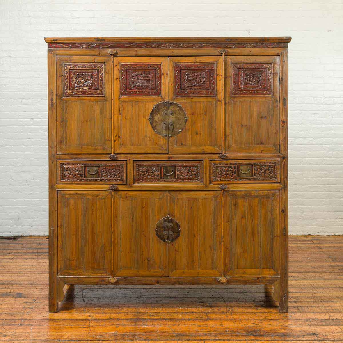 Large Chinese Qing Elm Armoire with Carved Motifs and Red Lacquered Accents-2. Asian & Chinese Furniture, Art, Antiques, Vintage Home Décor for sale at FEA Home