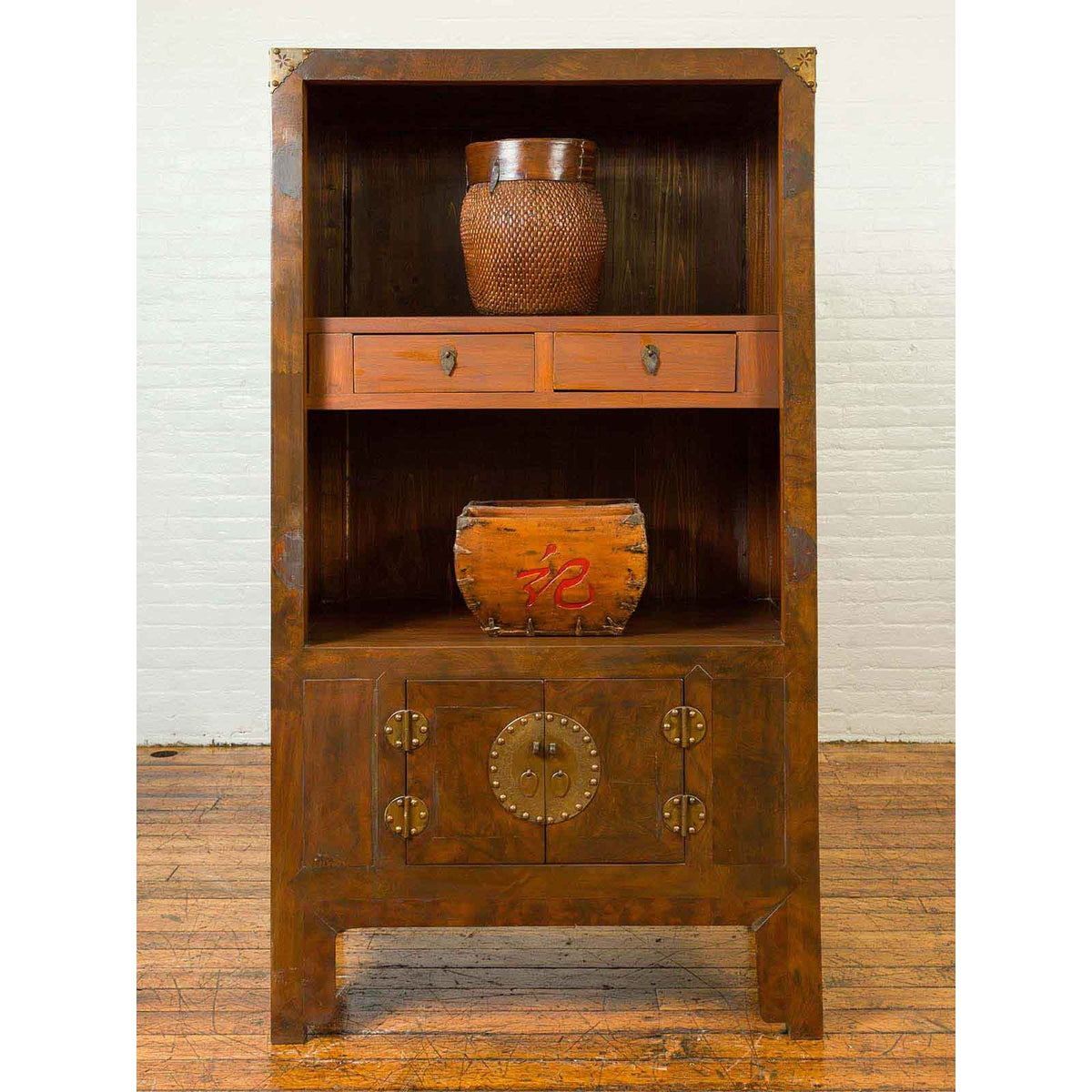 Chinese 19th Century Elmwood Bookcase with Doors, Drawers and Brass Hardware-4. Asian &amp; Chinese Furniture, Art, Antiques, Vintage Home Décor for sale at FEA Home