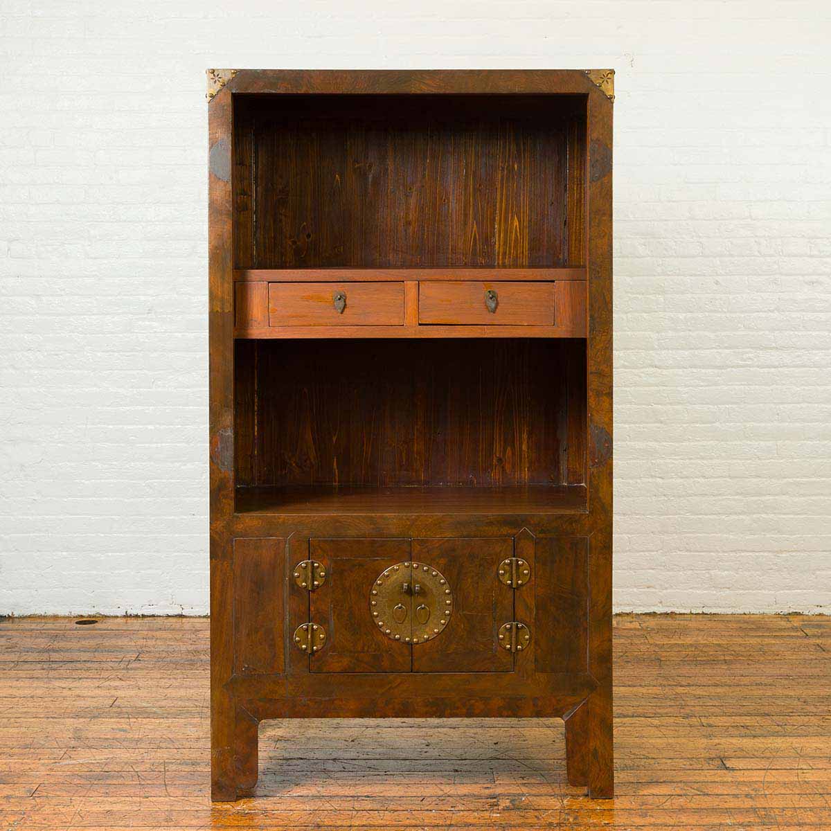 Chinese 19th Century Elmwood Bookcase with Doors, Drawers and Brass Hardware-2. Asian & Chinese Furniture, Art, Antiques, Vintage Home Décor for sale at FEA Home