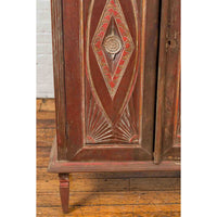 Antique Indonesian Wooden Cabinet with Carved and Painted Geometric Motifs