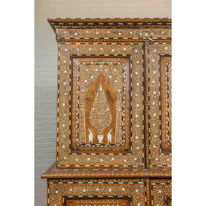 Vintage Anglo Indian Sheesham Wood Wardrobe Cabinet with Bone Inlay and Birds-YN6586-7. Asian & Chinese Furniture, Art, Antiques, Vintage Home Décor for sale at FEA Home