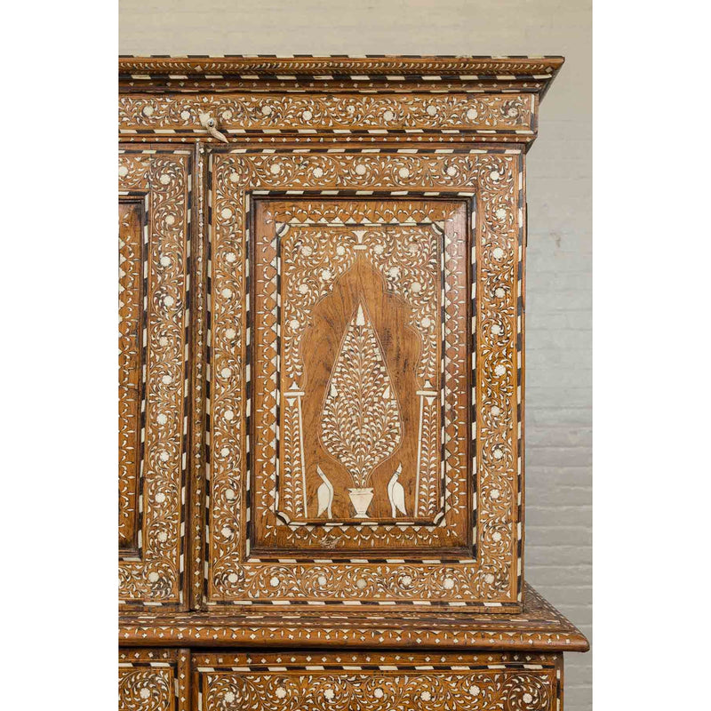 Vintage Anglo Indian Sheesham Wood Wardrobe Cabinet with Bone Inlay and Birds-YN6586-8. Asian & Chinese Furniture, Art, Antiques, Vintage Home Décor for sale at FEA Home