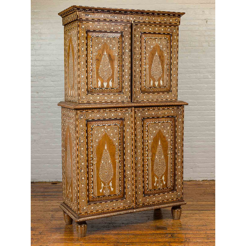 Vintage Anglo Indian Sheesham Wood Wardrobe Cabinet with Bone Inlay and Birds-YN6586-5. Asian & Chinese Furniture, Art, Antiques, Vintage Home Décor for sale at FEA Home