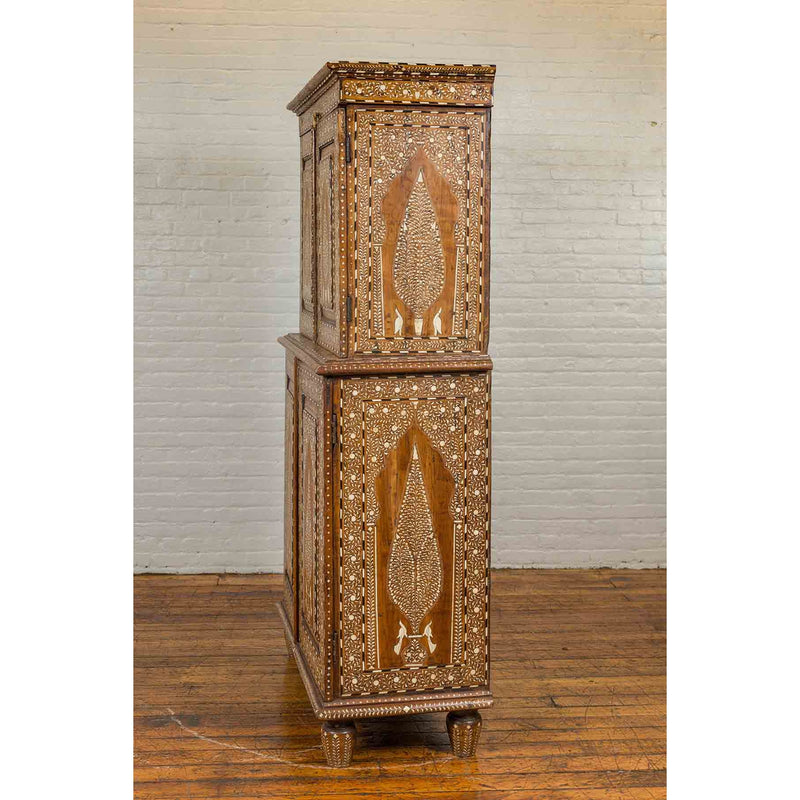 Vintage Anglo Indian Sheesham Wood Wardrobe Cabinet with Bone Inlay and Birds-YN6586-16. Asian & Chinese Furniture, Art, Antiques, Vintage Home Décor for sale at FEA Home