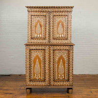 Vintage Anglo Indian Sheesham Wood Wardrobe Cabinet with Bone Inlay and Birds