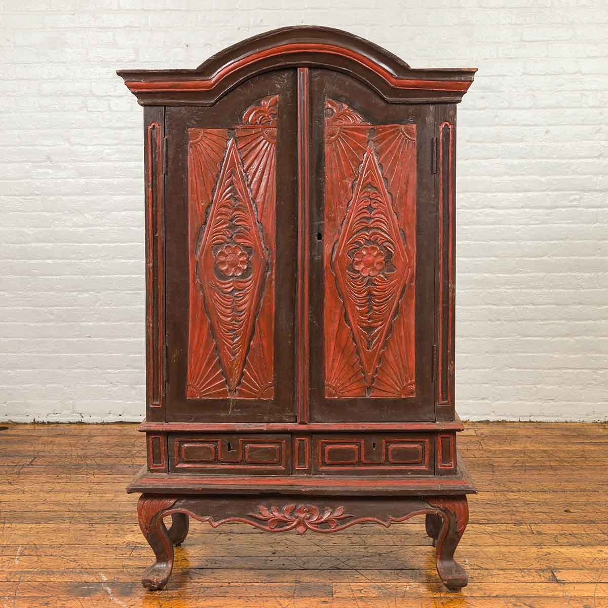 Dutch Colonial Late 19th Century Bonnet Top Cabinet with Carved Doors and Apron-2. Asian & Chinese Furniture, Art, Antiques, Vintage Home Décor for sale at FEA Home