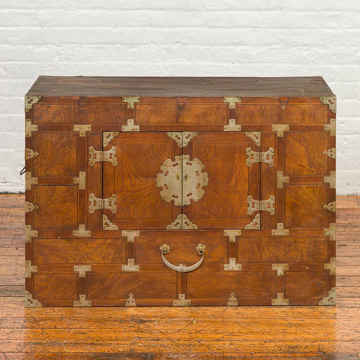 Korean Side Cabinet with Geometric Façade, Brass Hardware and Double Doors-2. Asian & Chinese Furniture, Art, Antiques, Vintage Home Décor for sale at FEA Home