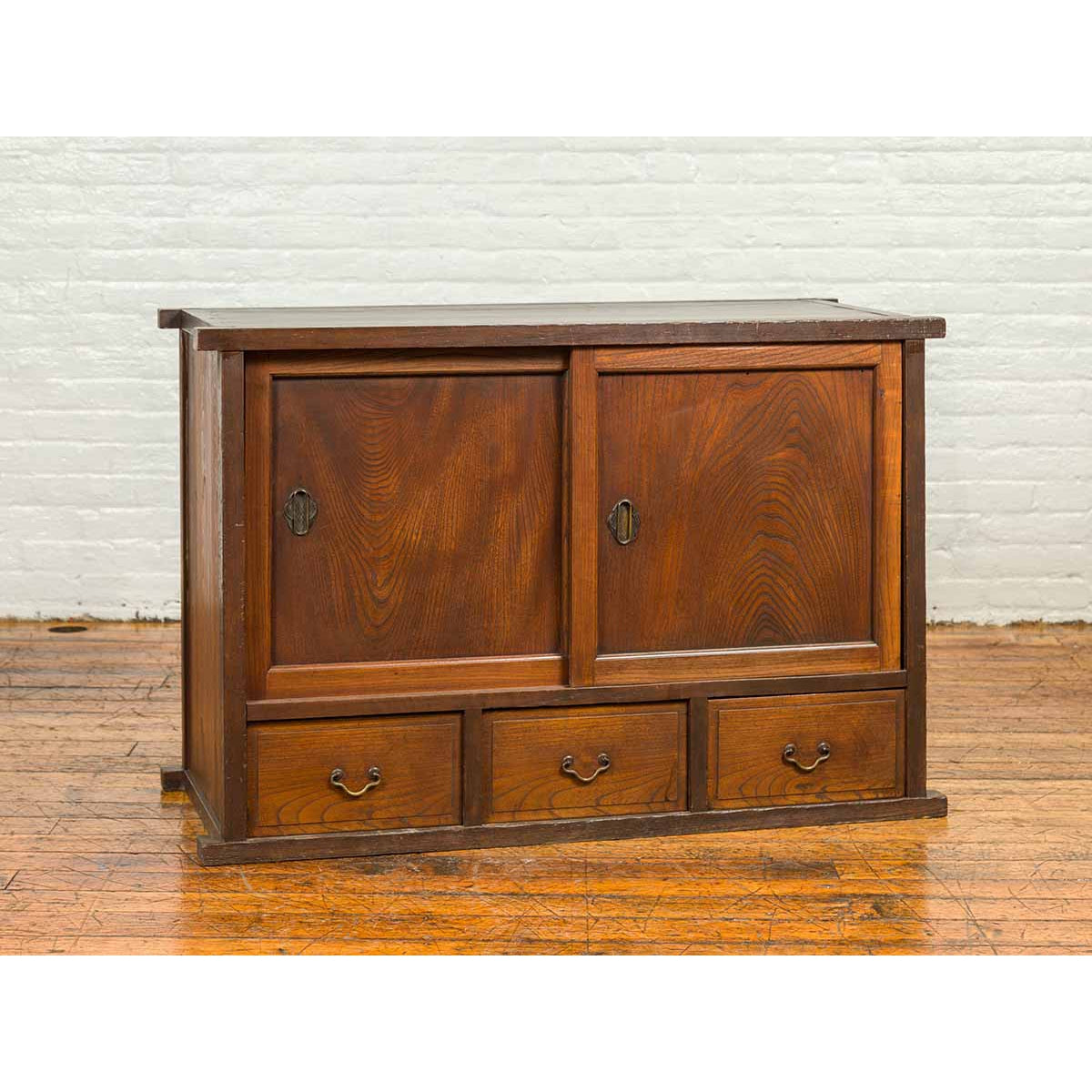 Japanese 19th Century Keyaki Wood Buffet with Sliding Doors and Three Drawers-4. Asian &amp; Chinese Furniture, Art, Antiques, Vintage Home Décor for sale at FEA Home