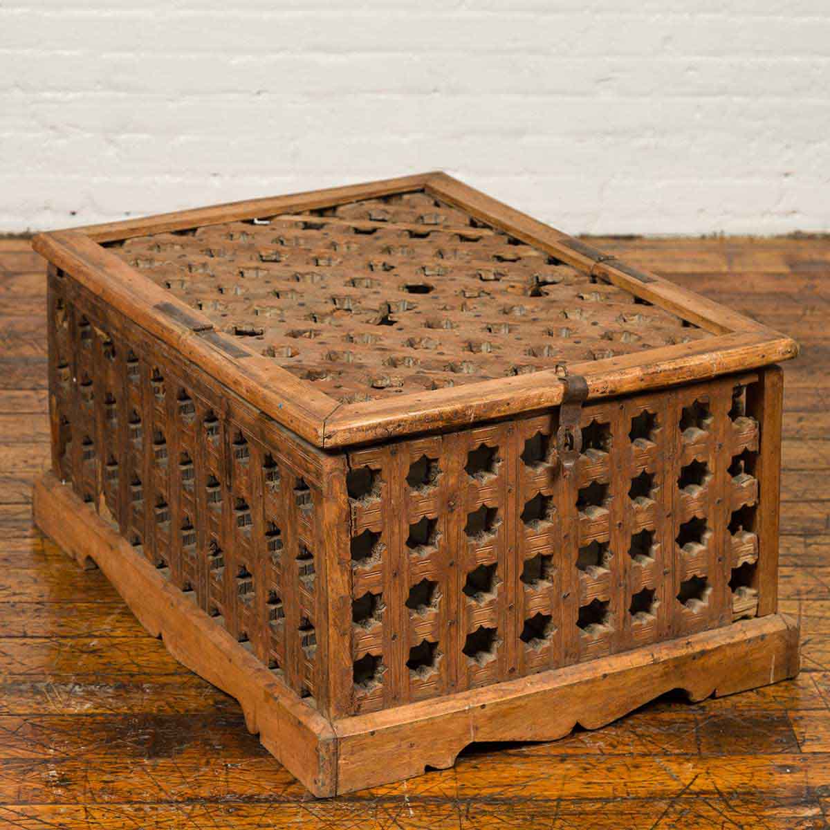 Rustic Indian Antique Food Box with Pierced Star Motifs and Bracketed Plinth-2. Asian & Chinese Furniture, Art, Antiques, Vintage Home Décor for sale at FEA Home
