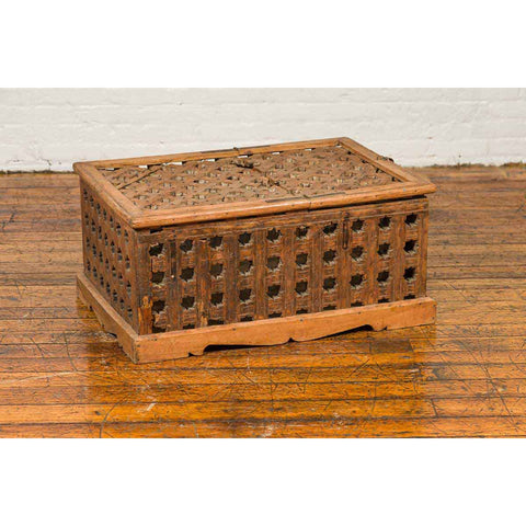 Rustic Indian Antique Food Box with Pierced Star Motifs and Bracketed Plinth-YN6623-12. Asian & Chinese Furniture, Art, Antiques, Vintage Home Décor for sale at FEA Home