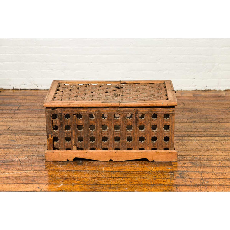 Rustic Indian Antique Food Box with Pierced Star Motifs and Bracketed Plinth-YN6623-11. Asian & Chinese Furniture, Art, Antiques, Vintage Home Décor for sale at FEA Home