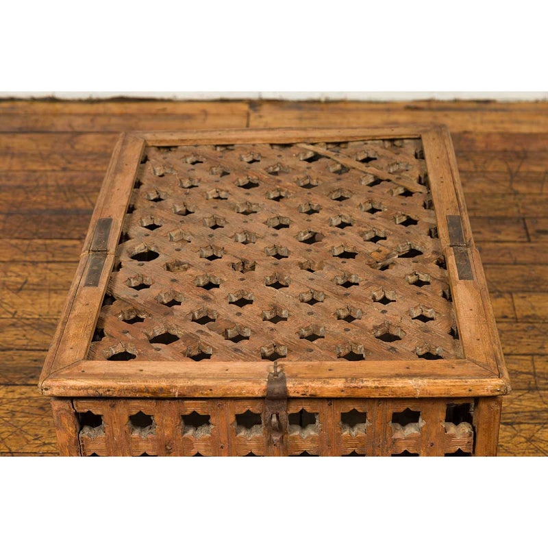 Rustic Indian Antique Food Box with Pierced Star Motifs and Bracketed Plinth-YN6623-8. Asian & Chinese Furniture, Art, Antiques, Vintage Home Décor for sale at FEA Home