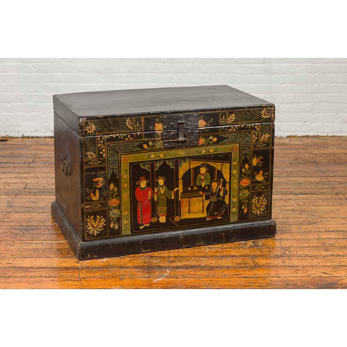 Chinese Antique Black Lacquered Dowry Chest with Polychrome Ceremonial Figures-2. Asian & Chinese Furniture, Art, Antiques, Vintage Home Décor for sale at FEA Home