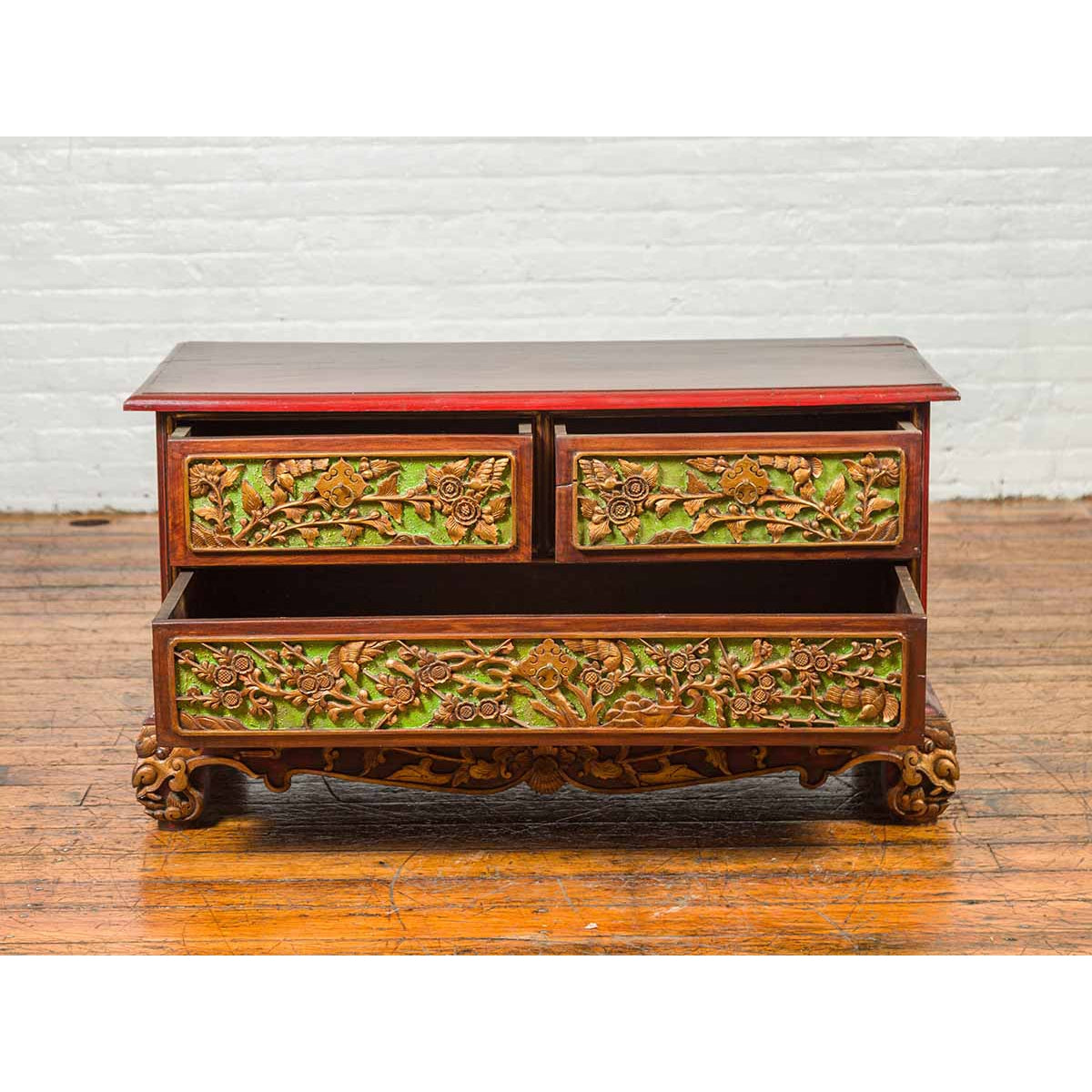 19th Century Madurese Polychrome Three-Drawer Dresser with Carved Floral Motif-4. Asian &amp; Chinese Furniture, Art, Antiques, Vintage Home Décor for sale at FEA Home