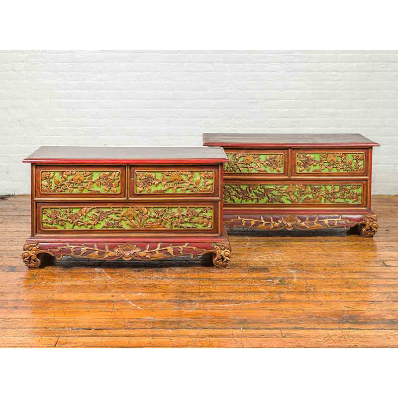 19th Century Madurese Polychrome Three-Drawer Dresser with Carved Floral Motif-YN6628-19. Asian & Chinese Furniture, Art, Antiques, Vintage Home Décor for sale at FEA Home