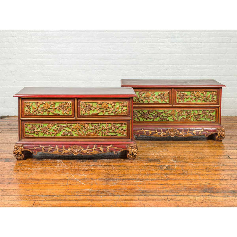 19th Century Madurese Polychrome Three-Drawer Dresser with Carved Floral Motif-YN6627-20. Asian & Chinese Furniture, Art, Antiques, Vintage Home Décor for sale at FEA Home