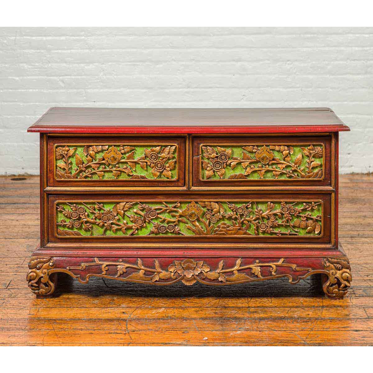 19th Century Madurese Polychrome Three-Drawer Dresser with Carved Floral Motif-2. Asian & Chinese Furniture, Art, Antiques, Vintage Home Décor for sale at FEA Home