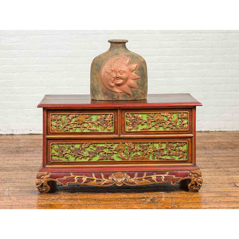 19th Century Madurese Polychrome Three-Drawer Dresser with Carved Floral Motif-YN6628-3. Asian & Chinese Furniture, Art, Antiques, Vintage Home Décor for sale at FEA Home