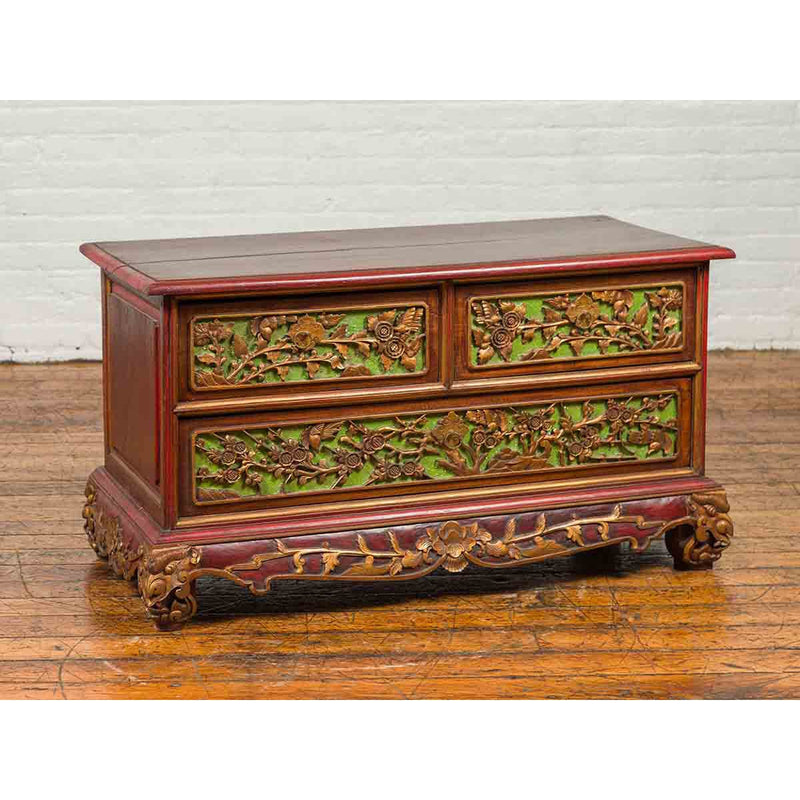 19th Century Madurese Polychrome Three-Drawer Dresser with Carved Floral Motif-YN6628-6. Asian & Chinese Furniture, Art, Antiques, Vintage Home Décor for sale at FEA Home
