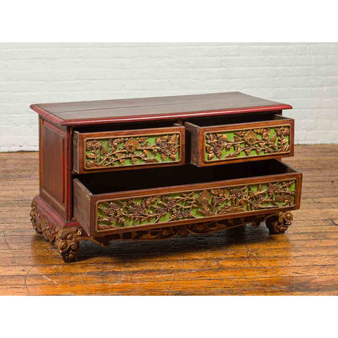 19th Century Madurese Polychrome Three-Drawer Dresser with Carved Floral Motif-YN6628-4. Asian & Chinese Furniture, Art, Antiques, Vintage Home Décor for sale at FEA Home