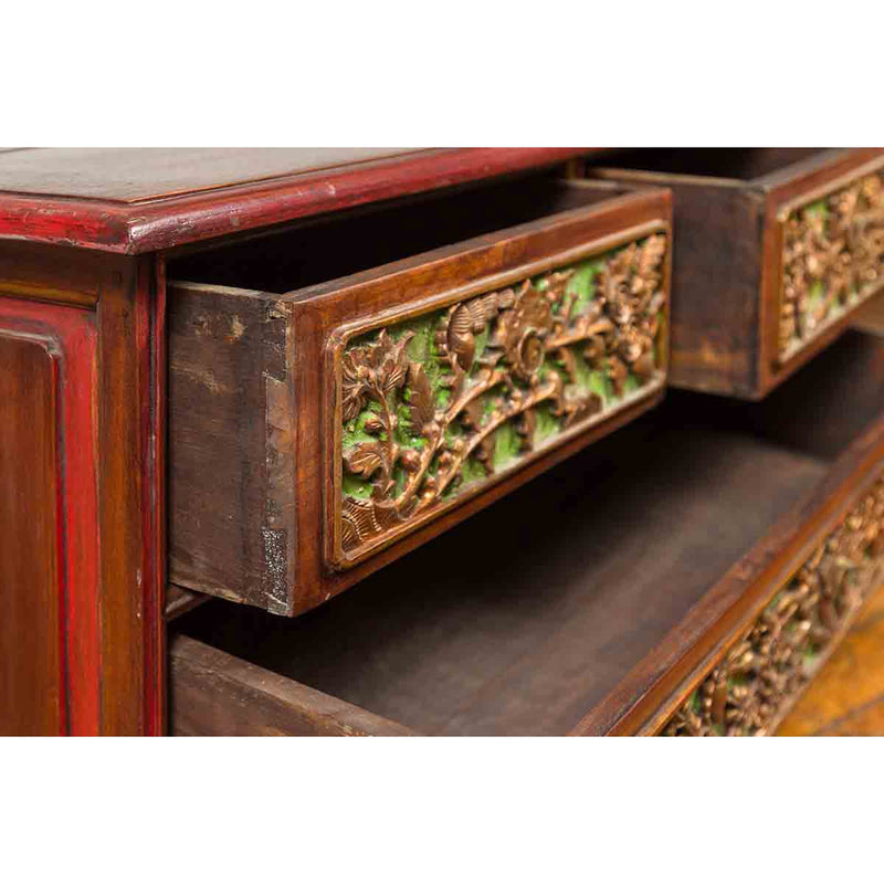 19th Century Madurese Polychrome Three-Drawer Dresser with Carved Floral Motif-YN6628-5. Asian & Chinese Furniture, Art, Antiques, Vintage Home Décor for sale at FEA Home