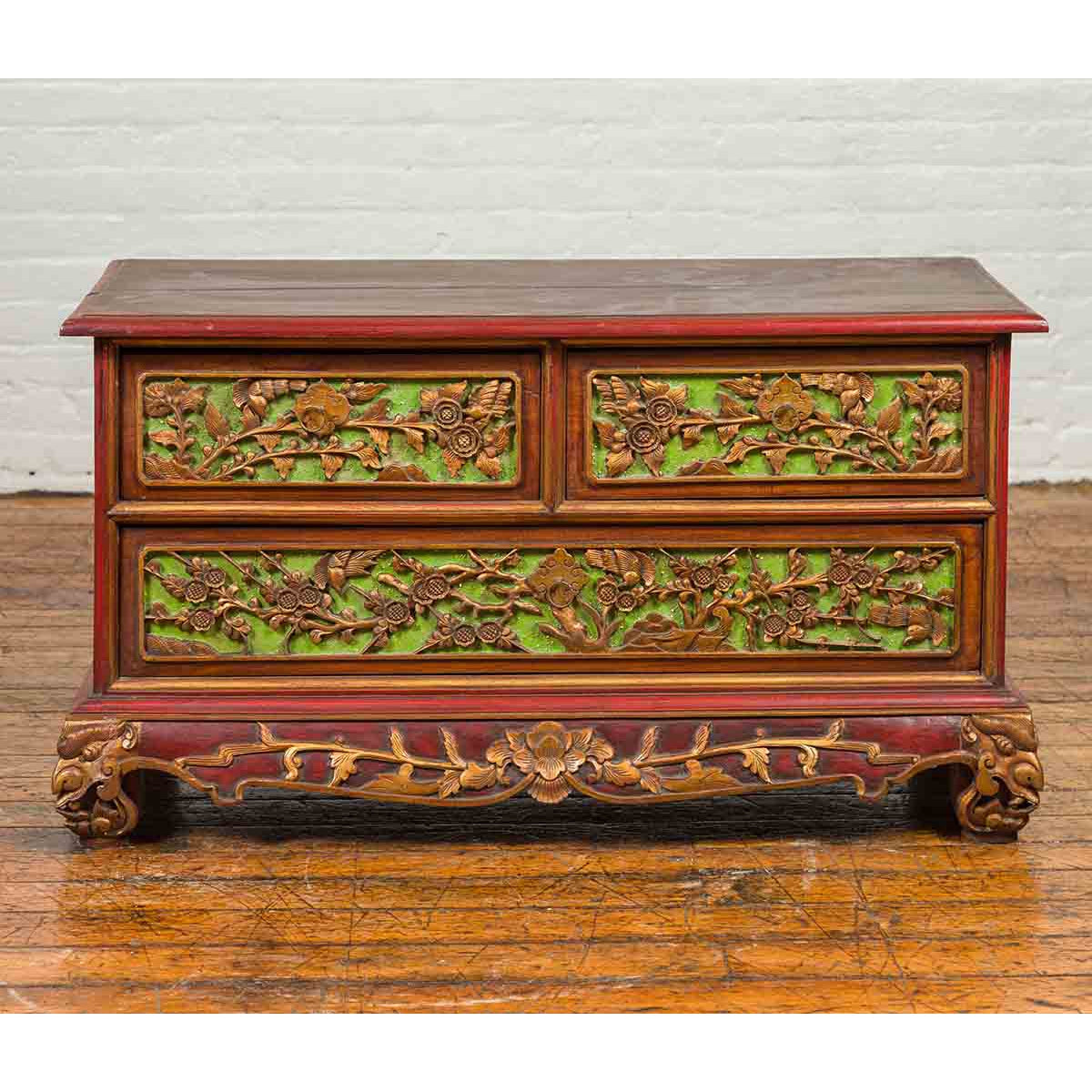 19th Century Madurese Polychrome Three-Drawer Dresser with Carved Floral Motif-2. Asian & Chinese Furniture, Art, Antiques, Vintage Home Décor for sale at FEA Home