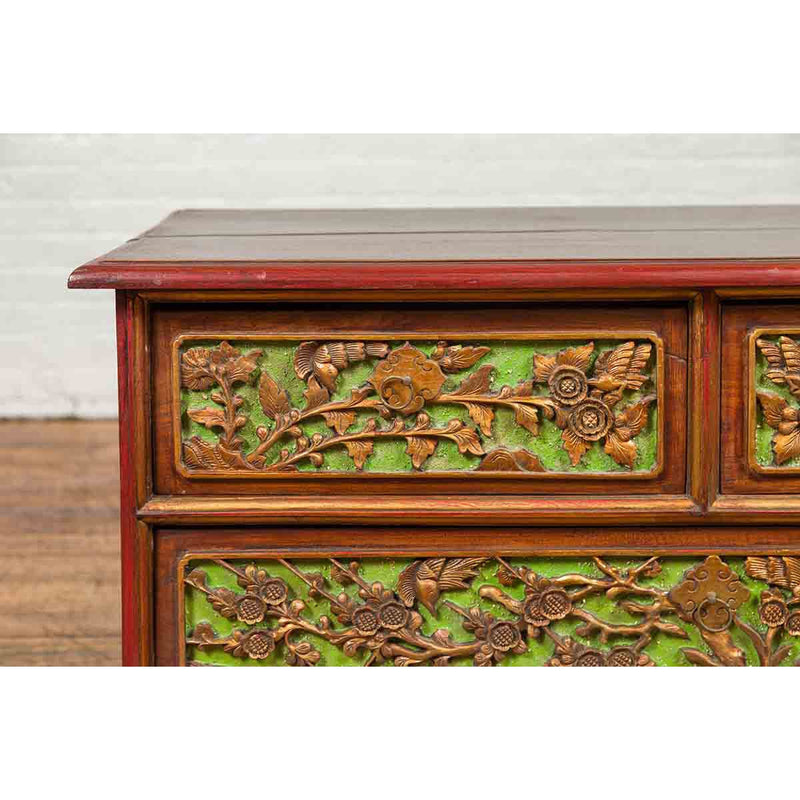 19th Century Madurese Polychrome Three-Drawer Dresser with Carved Floral Motif-YN6628-7. Asian & Chinese Furniture, Art, Antiques, Vintage Home Décor for sale at FEA Home