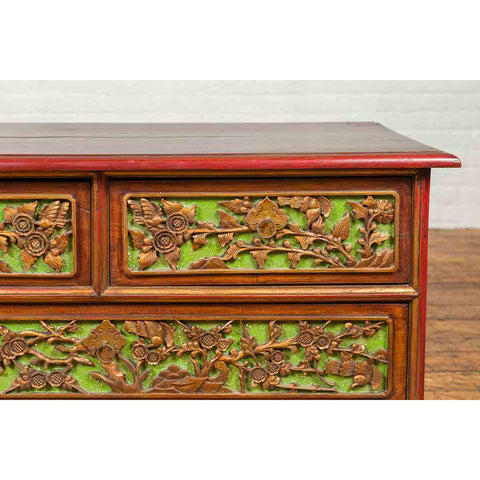19th Century Madurese Polychrome Three-Drawer Dresser with Carved Floral Motif-YN6628-8. Asian & Chinese Furniture, Art, Antiques, Vintage Home Décor for sale at FEA Home