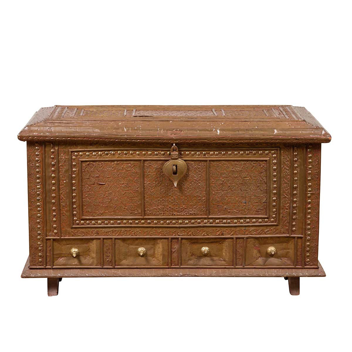 Antique Indian Blanket Chest with Bronze Sheathing, Geometric Patterns and Studs-1. Asian & Chinese Furniture, Art, Antiques, Vintage Home Décor for sale at FEA Home