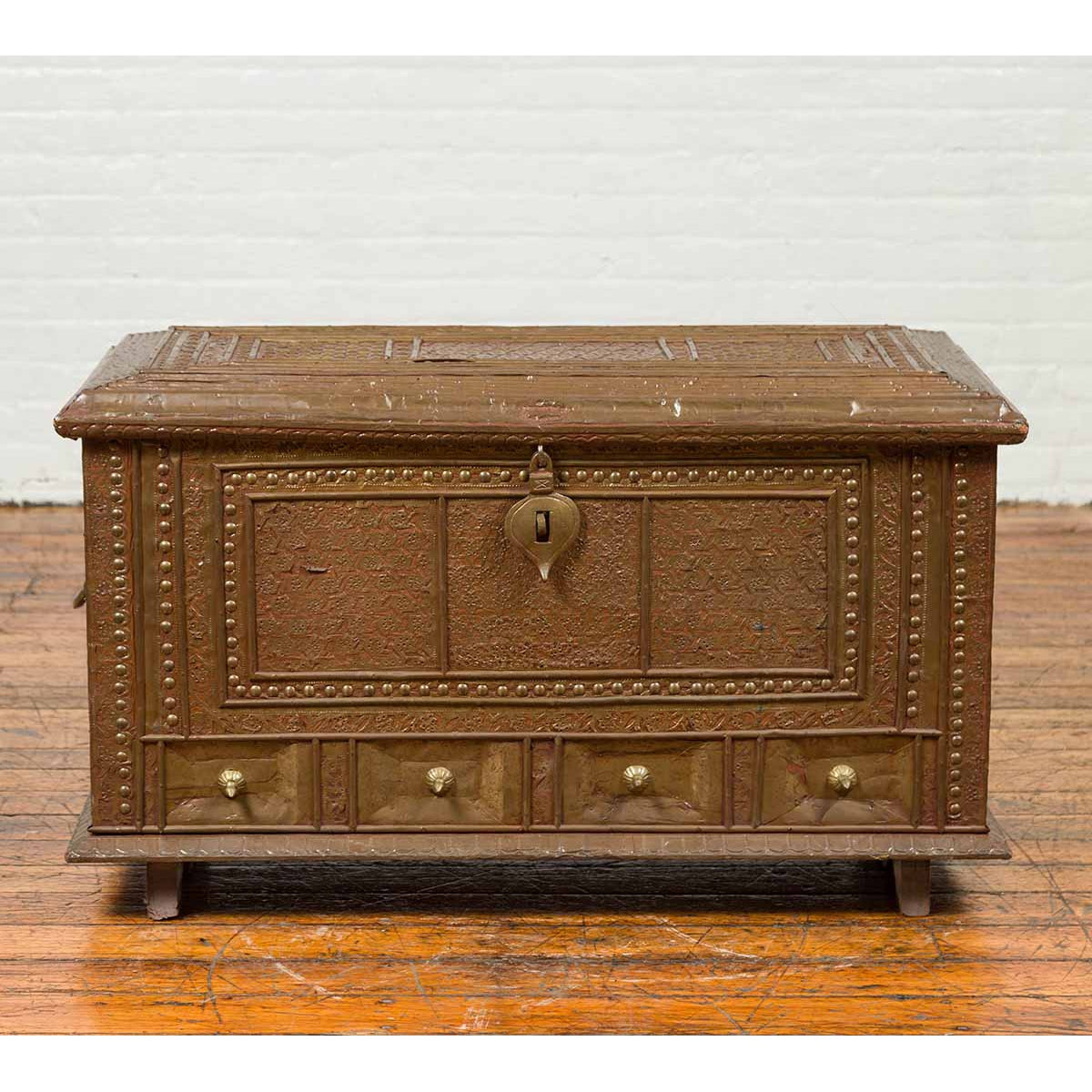Antique Indian Blanket Chest with Bronze Sheathing, Geometric Patterns and Studs-2. Asian & Chinese Furniture, Art, Antiques, Vintage Home Décor for sale at FEA Home