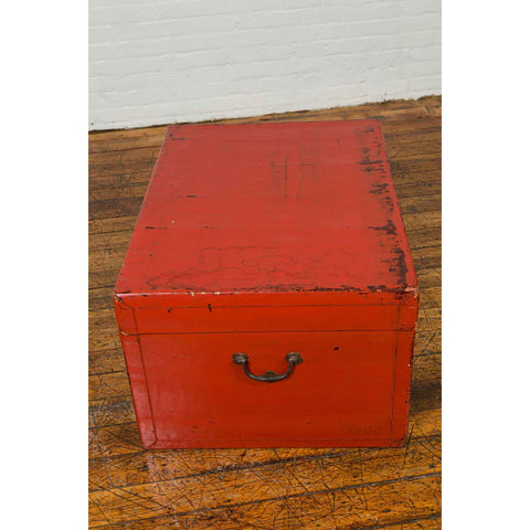 Vintage Chinese Distressed Red Lacquered Blanket Chest with Bronze Hardware-YN6631-7. Asian & Chinese Furniture, Art, Antiques, Vintage Home Décor for sale at FEA Home