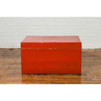 Vintage Chinese Distressed Red Lacquered Blanket Chest with Bronze Hardware