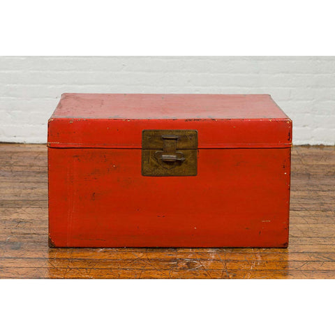 Vintage Chinese Distressed Red Lacquered Blanket Chest with Bronze Hardware-YN6631-3. Asian & Chinese Furniture, Art, Antiques, Vintage Home Décor for sale at FEA Home