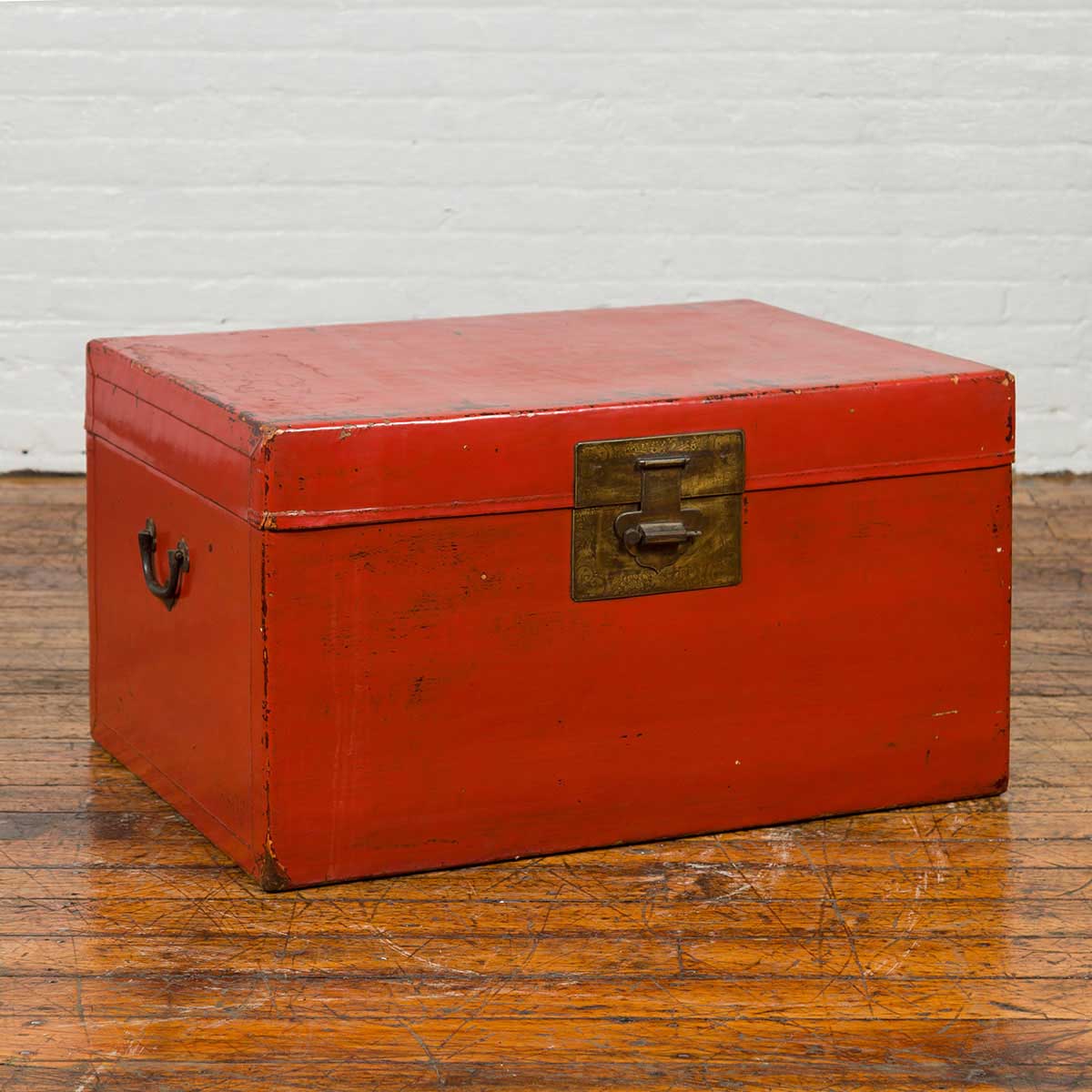 Vintage Chinese Distressed Red Lacquered Blanket Chest with Bronze Hardware-2. Asian & Chinese Furniture, Art, Antiques, Vintage Home Décor for sale at FEA Home