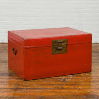 Vintage Chinese Distressed Red Lacquered Blanket Chest with Bronze Hardware