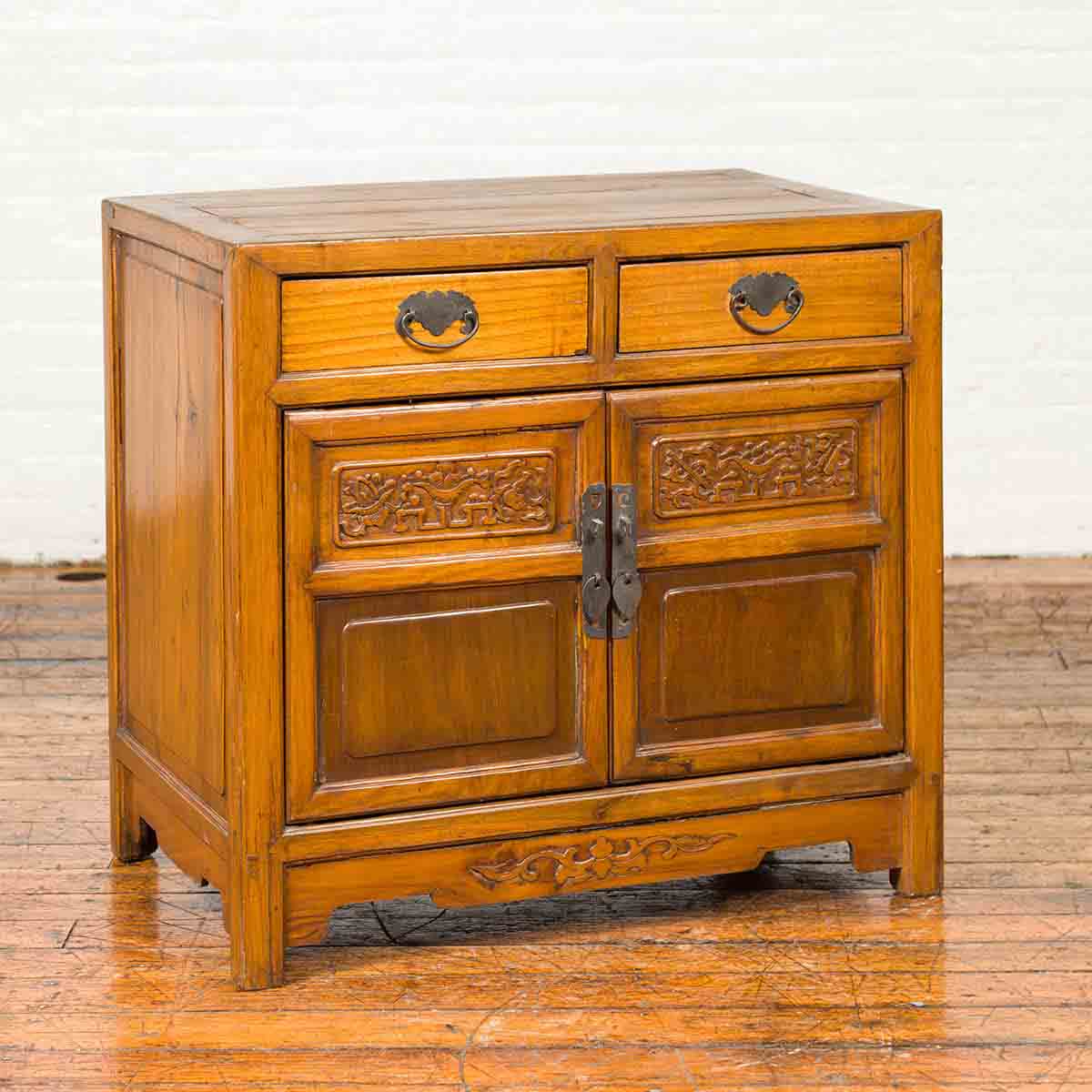 Antique Chinese Side Chest with Carved Motifs, Two Drawers and Double Doors-2. Asian & Chinese Furniture, Art, Antiques, Vintage Home Décor for sale at FEA Home