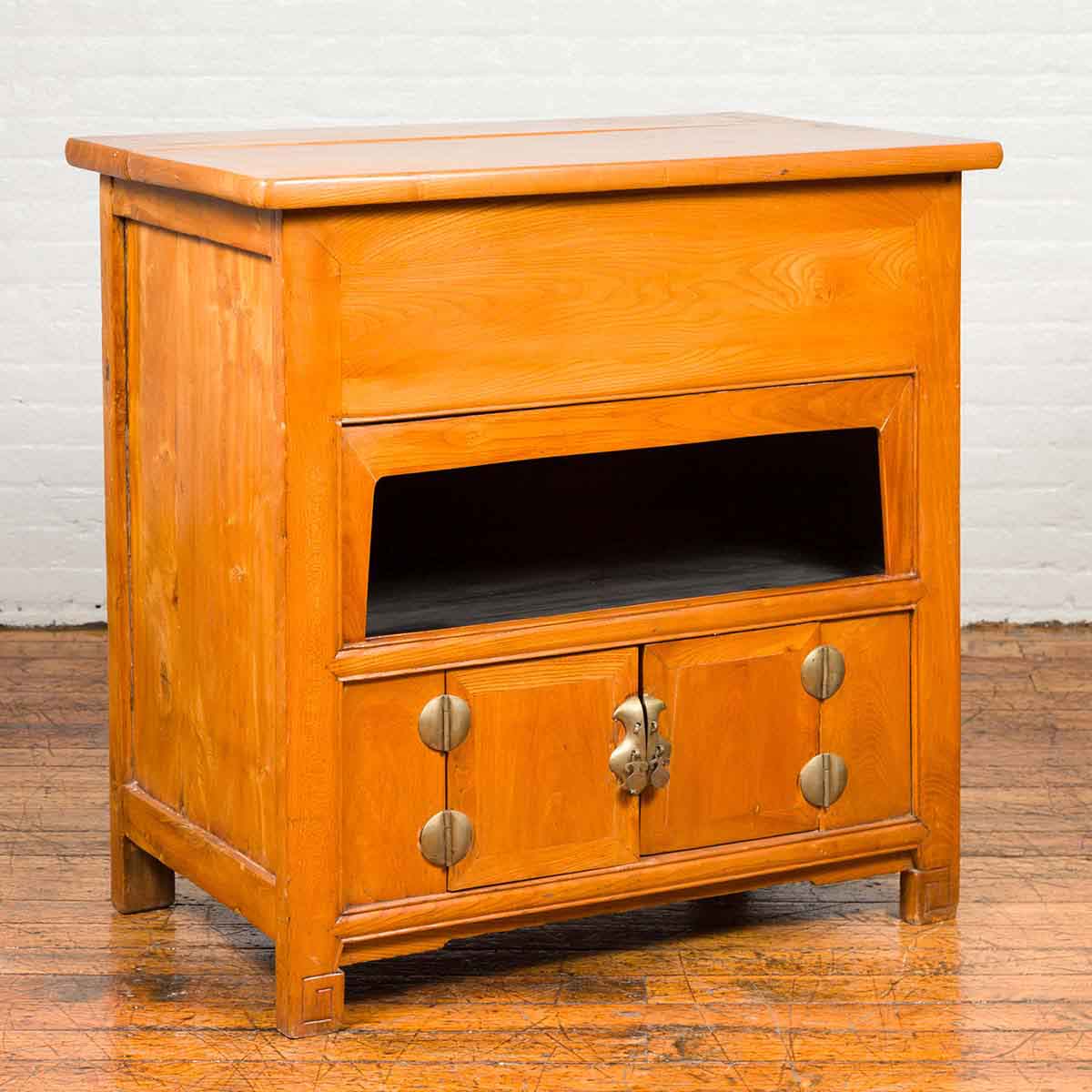 Chinese Vintage Natural Elmwood Console Cabinet with Removable Top and Doors-2. Asian & Chinese Furniture, Art, Antiques, Vintage Home Décor for sale at FEA Home
