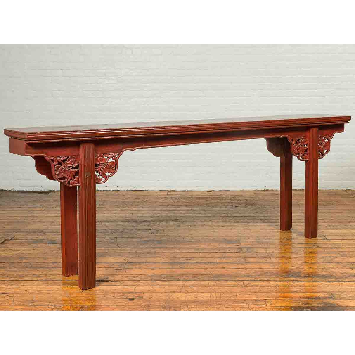 Ming Dynasty Style Chinese Elm Sang de Bœuf Console Table with Carved Apron-5. Asian &amp; Chinese Furniture, Art, Antiques, Vintage Home Décor for sale at FEA Home