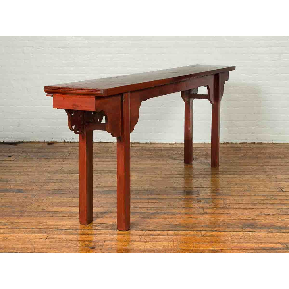 Ming Dynasty Style Chinese Elm Sang de Bœuf Console Table with Carved Apron-6. Asian &amp; Chinese Furniture, Art, Antiques, Vintage Home Décor for sale at FEA Home