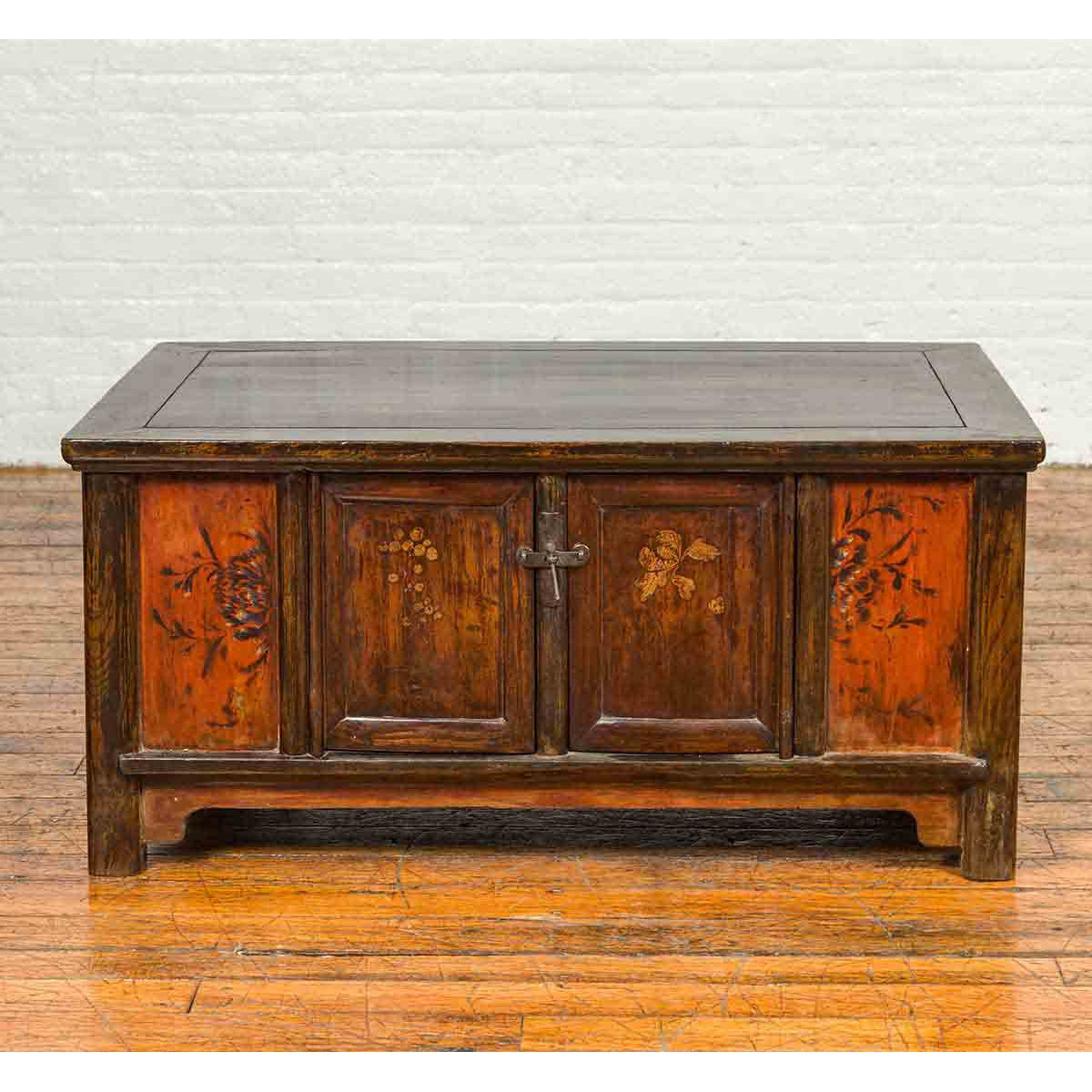 Chinese Qing 19th Century Coffee Table with Storage and Painted Floral Decor-2. Asian & Chinese Furniture, Art, Antiques, Vintage Home Décor for sale at FEA Home