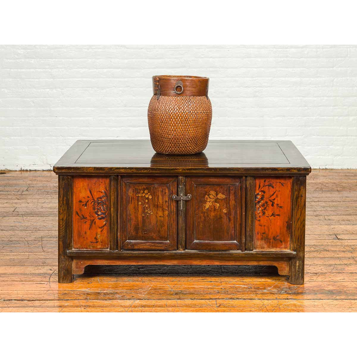 Chinese Qing 19th Century Coffee Table with Storage and Painted Floral Decor-3. Asian &amp; Chinese Furniture, Art, Antiques, Vintage Home Décor for sale at FEA Home