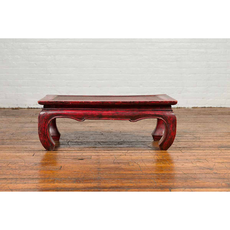 Vintage Thai Red Lacquer Waisted Coffee Table with Rattan Inset and Chow Legs-YN6667-6. Asian & Chinese Furniture, Art, Antiques, Vintage Home Décor for sale at FEA Home