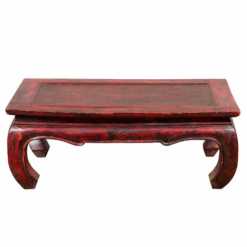 Vintage Thai Red Lacquer Waisted Coffee Table with Rattan Inset and Chow Legs-YN6667-1. Asian & Chinese Furniture, Art, Antiques, Vintage Home Décor for sale at FEA Home