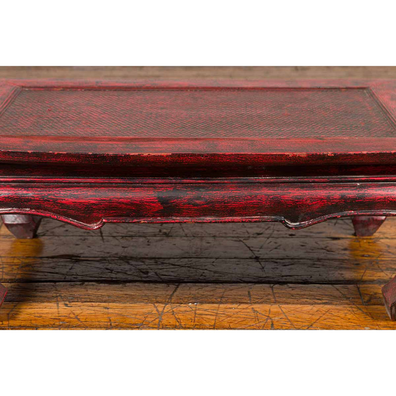 Vintage Thai Red Lacquer Waisted Coffee Table with Rattan Inset and Chow Legs-YN6667-11. Asian & Chinese Furniture, Art, Antiques, Vintage Home Décor for sale at FEA Home