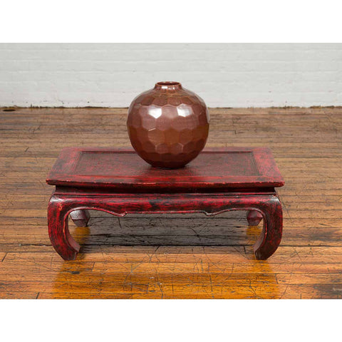 Vintage Thai Red Lacquer Waisted Coffee Table with Rattan Inset and Chow Legs-YN6667-3. Asian & Chinese Furniture, Art, Antiques, Vintage Home Décor for sale at FEA Home