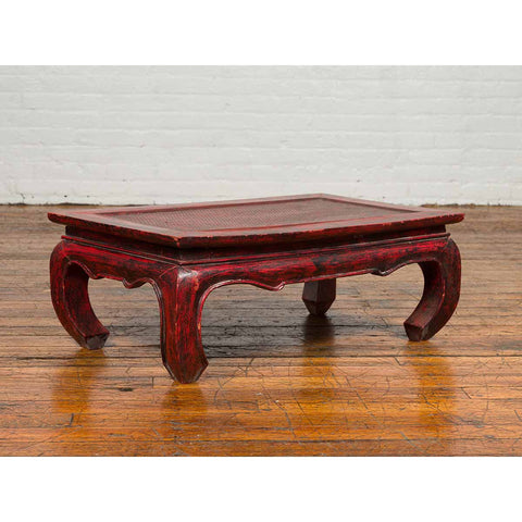 Vintage Thai Red Lacquer Waisted Coffee Table with Rattan Inset and Chow Legs-YN6667-2. Asian & Chinese Furniture, Art, Antiques, Vintage Home Décor for sale at FEA Home