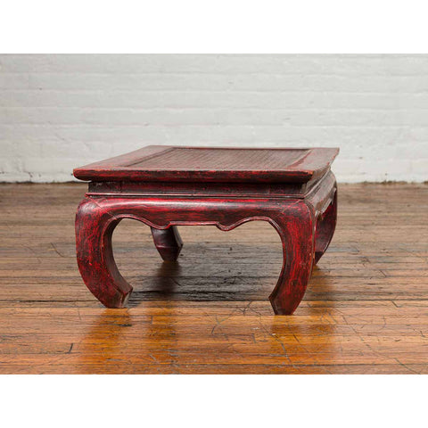 Vintage Thai Red Lacquer Waisted Coffee Table with Rattan Inset and Chow Legs-YN6667-5. Asian & Chinese Furniture, Art, Antiques, Vintage Home Décor for sale at FEA Home